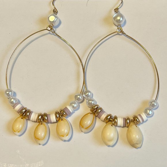 Gold Cowrie Shell White Freshwater Pearl Earrings Island Beach BIG Hoops Plated - Picture 8 of 11